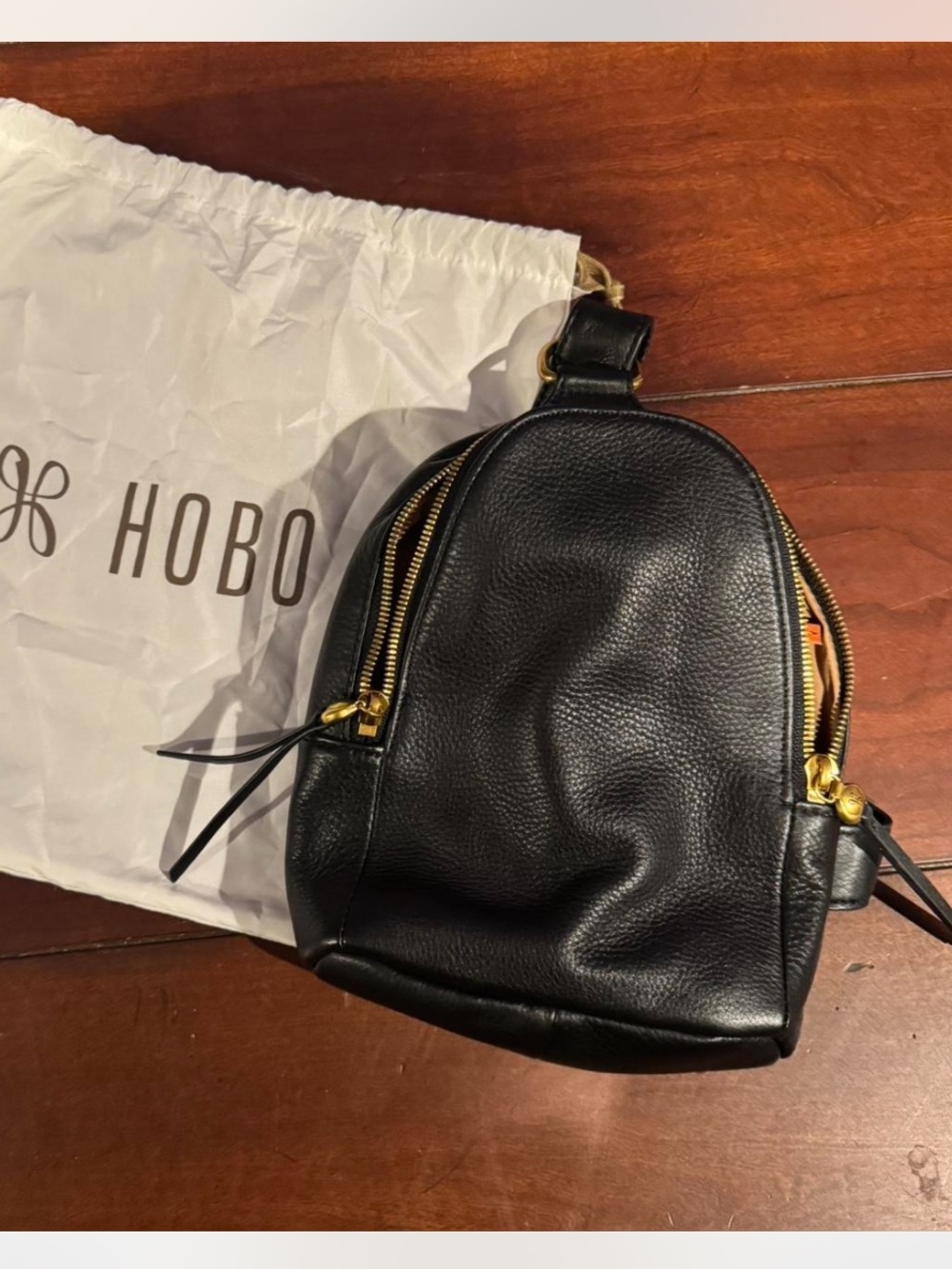 HOBO Black Leather Sling Crossbody Bag Gold Hardware Zip Closure Adjustable Stra
